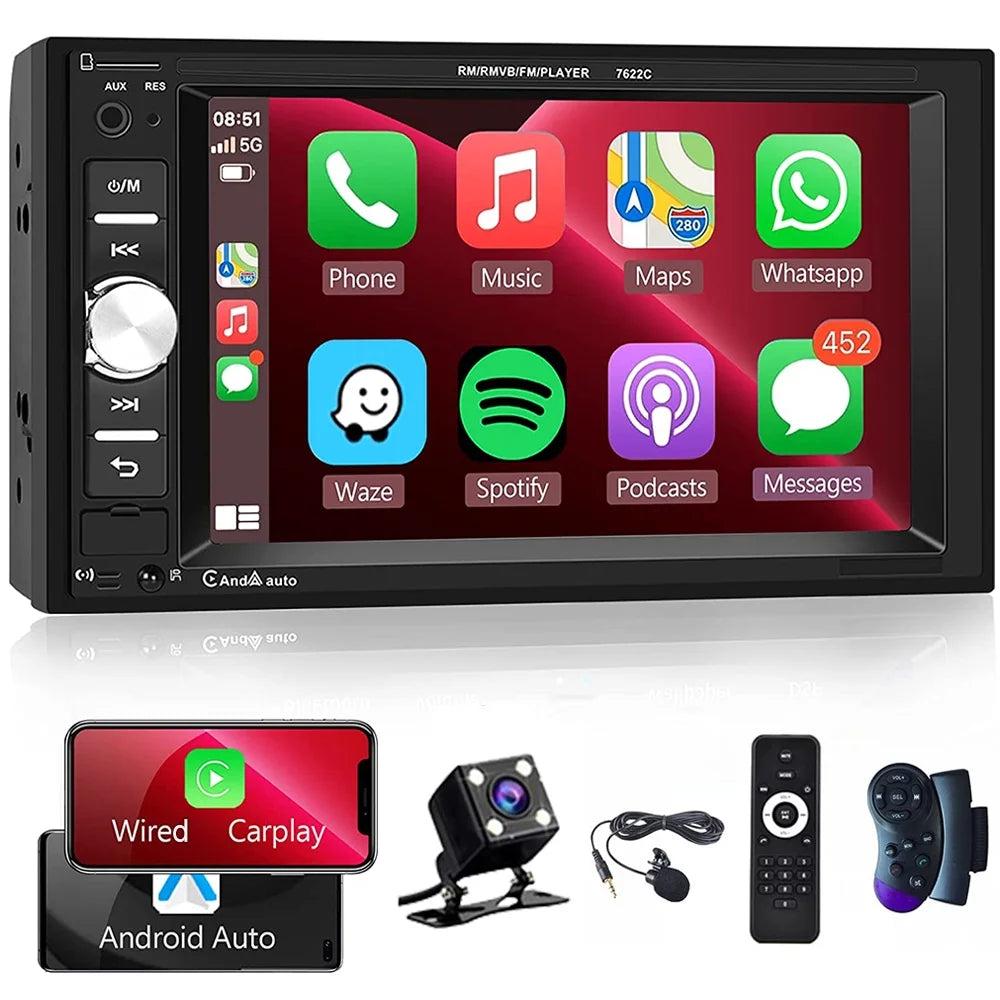 Double 2 Din 6.2'' Car Stereo Radio with Apple Carplay Android Auto HD Touch Screen Car MP5 Player Bluetooth Mirror Link Usb,With Rearview Camera