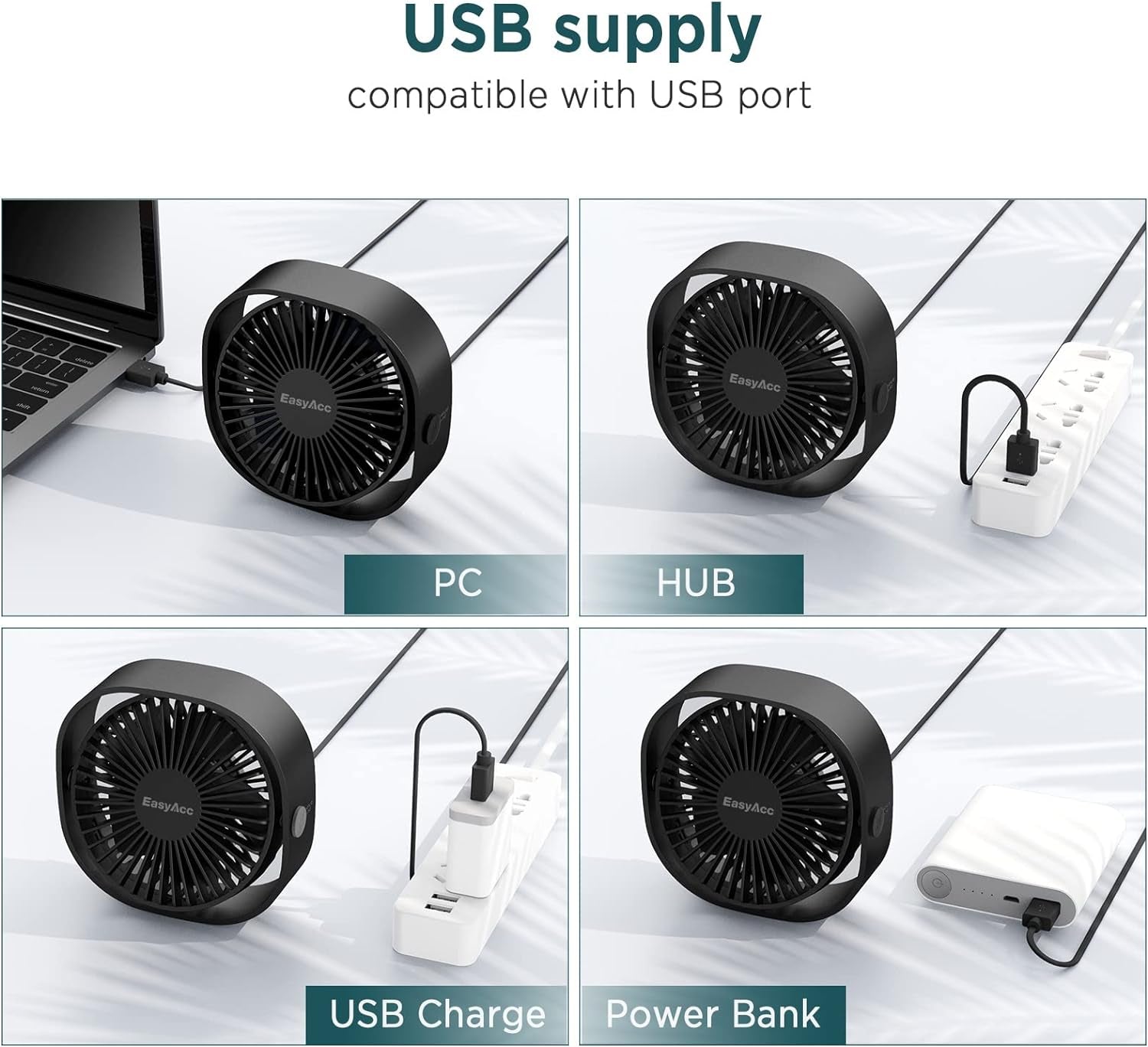 USB Desk Fan, 3 Speeds USB Fan [Lower Noise USB Powered Only&Powerful Desk Fan] Portable Powered Fan, 360°Rotatable Personal Travel Fan for Desk Home Bedroom Office（Only Be Used by USB Cable）