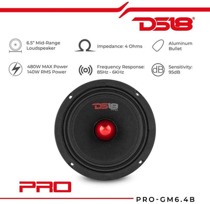 2 Pack  6.5" Inch Midrange Loudspeaker 480 Watt Max Bullet 4 Ohm PRO-GM6.4B