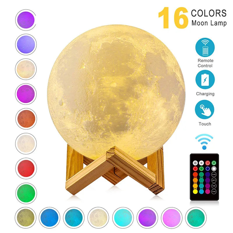 ZK20 LED Night Light 3D Print Moon Lamp 16 Colors Rechargeable Change Light Touch Remote LED Moon Light Gift